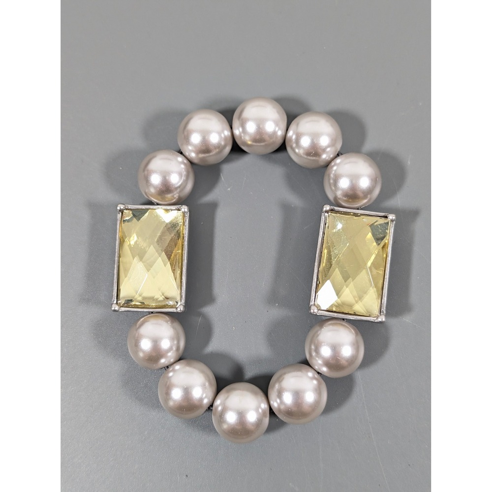 Lia Sophia Heiress Vanity Bracelet Gray Pearl Yellow Rhinestone 7"